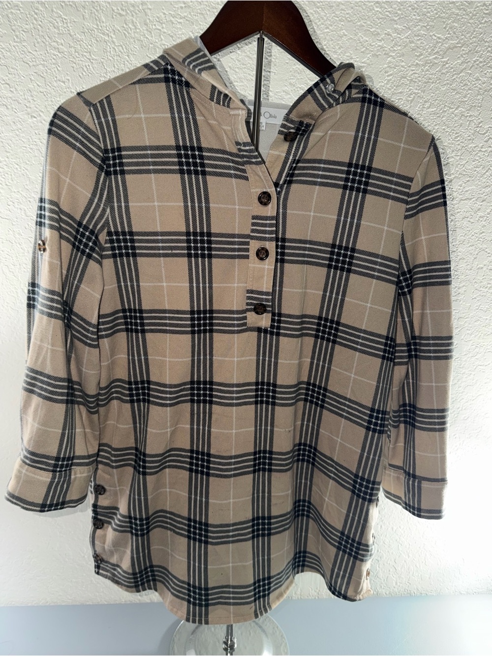 Eden & Olivia Beige and Black Plaid Hooded Henley